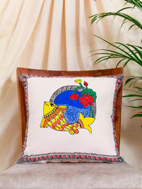 Thumbnail for Colorful Fish & Lotus Motif Hand Painted Madhubani Art Cushion Cover Pack Of 3
