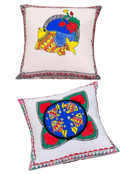 Colorful Fish & Lotus Motif Hand Painted Madhubani Art Cushion Cover Pack Of 2