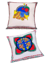 Thumbnail for Colorful Fish & Lotus Motif Hand Painted Madhubani Art Cushion Cover Pack Of 3