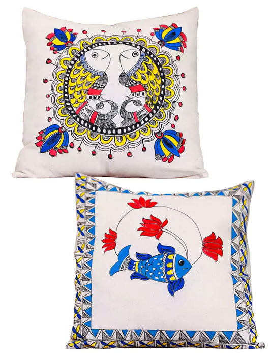 Hand Painted Colorful Fish & Lotus Motif Madhubani Art Cushion Cover Pack Of 2