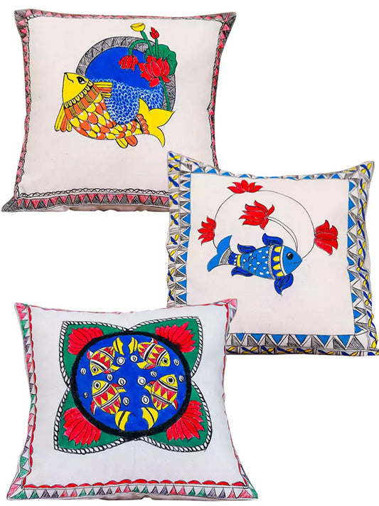 Colorful Fish & Lotus Motif Hand Painted Madhubani Art Cushion Cover Pack Of 3