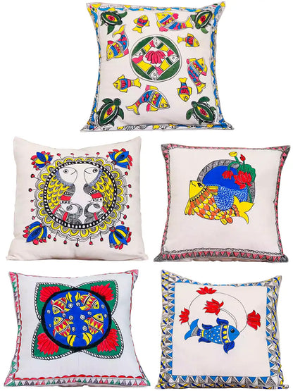 Colorful Fish & Lotus Motif Hand Painted Madhubani Art Cushion Cover Pack Of 5