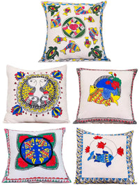 Thumbnail for Colorful Fish & Lotus Motif Hand Painted Madhubani Art Cushion Cover Pack Of 5