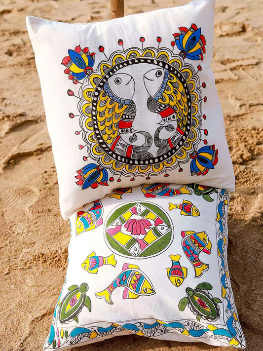 Colorful Fish & Lotus Motif Hand Painted Madhubani Art Cushion Cover Pack Of 5