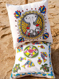 Thumbnail for Colorful Fish & Lotus Motif Hand Painted Madhubani Art Cushion Cover Pack Of 5