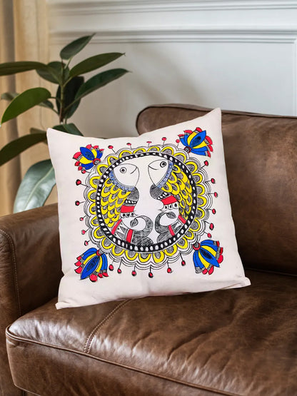 Boho Decor Fish Motif Madhubani Art Cushion Cover