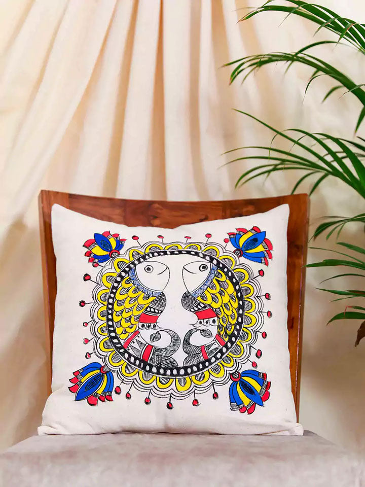 Center Fish Motif Madhubani Art Cushion Cover