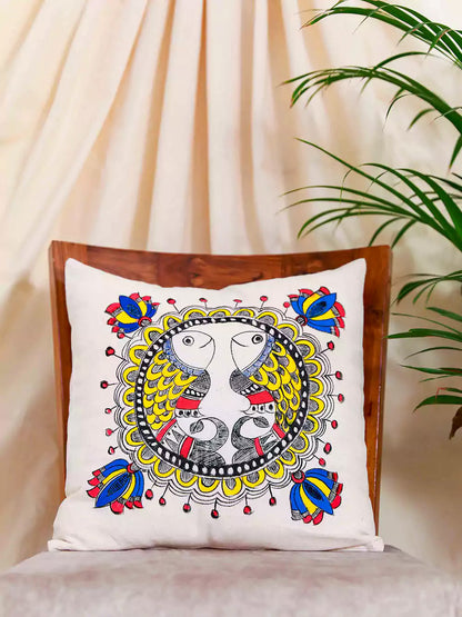 Colorful Fish & Lotus Motif Hand Painted Madhubani Art Cushion Cover Pack Of 5