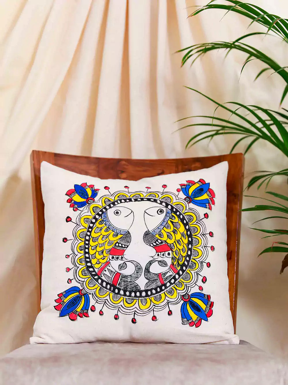 Hand Painted Madhubani Fish & Lotus Art Cushion Cover Pack Of 2