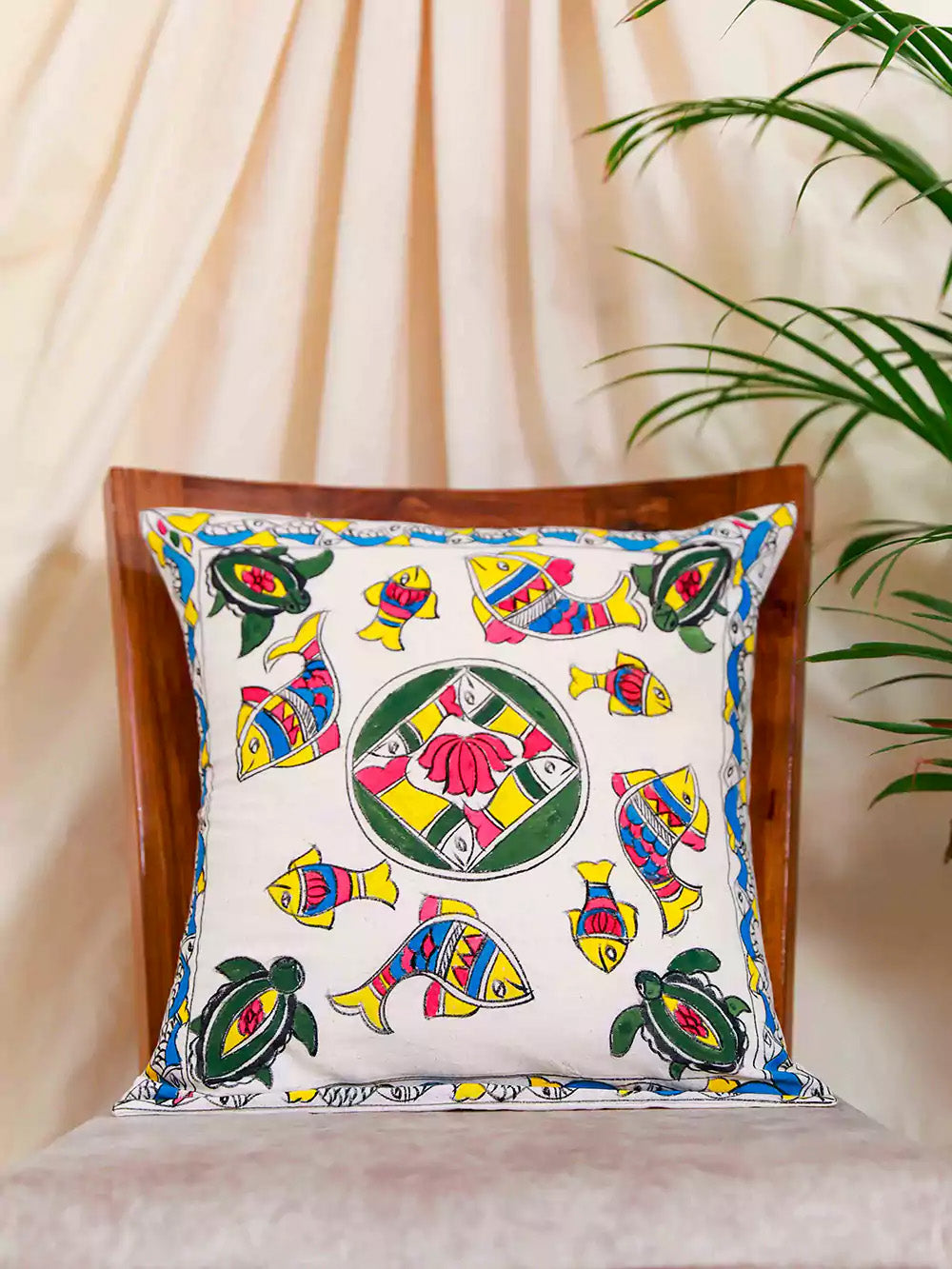 16x 16 Hand Painted Madhubani Turtle & Fish Design Cushion Cover