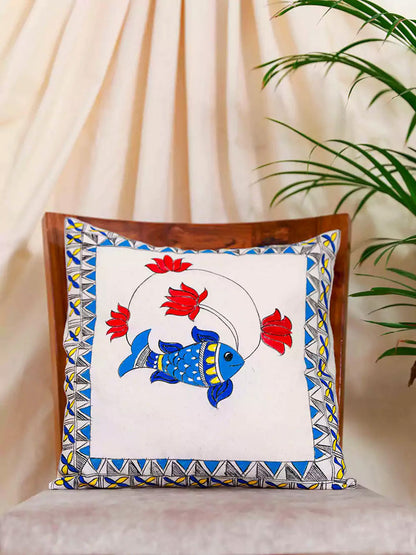 Red Lotus with Blue Fish Hand Painted Madhubani Art Cushion Covers