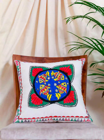 Fish And Lotus Center Madhubani Art Cushion Covers