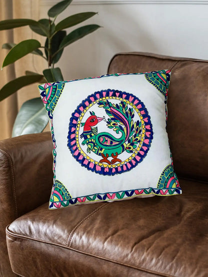 Multicolor Peacock with Corner and Border Madhubani Art Cushion Covers