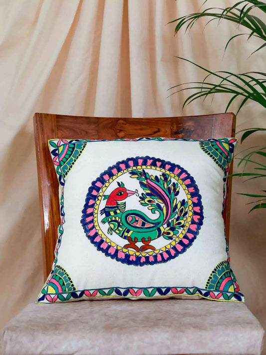 Multicolor Peacock with Corner and Border Madhubani Art Cushion Covers