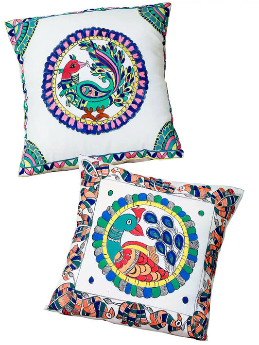 Handpainted Madhubani Peacock Art Cushion Covers Pack Of 2