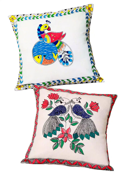 Madhubani Handmade Peacock Art Cushion Covers Pack Of 2