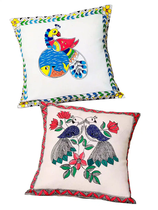 Madhubani Handmade Peacock Art Cushion Covers Pack Of 2