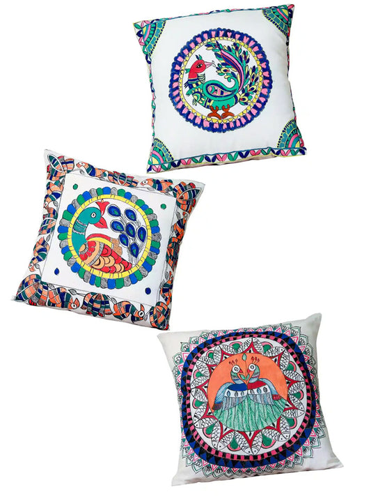 Madhubani Handmade Peacock Art Cushion Covers Pack Of 3