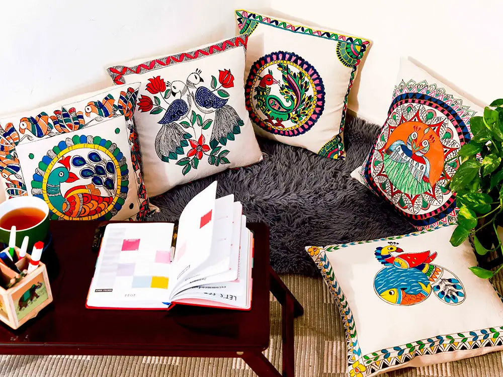 Madhubani Handmade Peacock Art Cushion Covers Pack Of 5