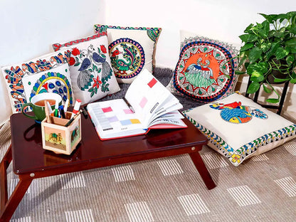 Madhubani Handmade Peacock Art Cushion Covers Pack Of 5