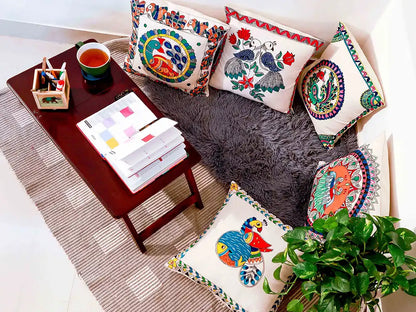 Madhubani Handmade Peacock Art Cushion Covers Pack Of 5