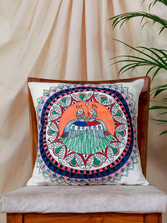 16x16 Hand Painted Madhubani Art Cushion Covers with 2 Peacock