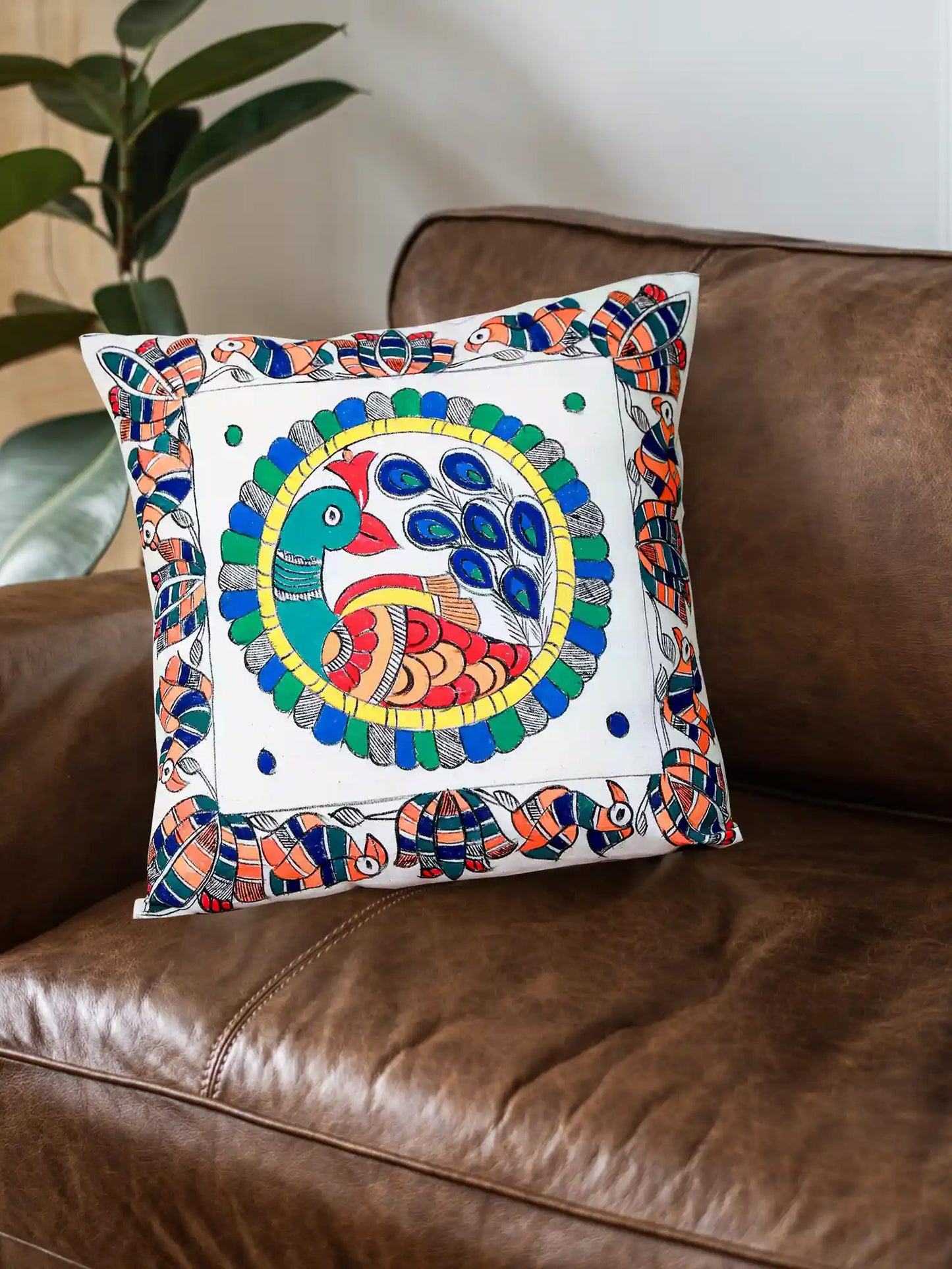 Madhubani Self Design Peacock And Lotus Flower Cushion Cover