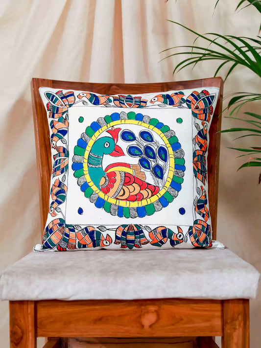 Madhubani Self Design Peacock And Lotus Flower Cushion Cover