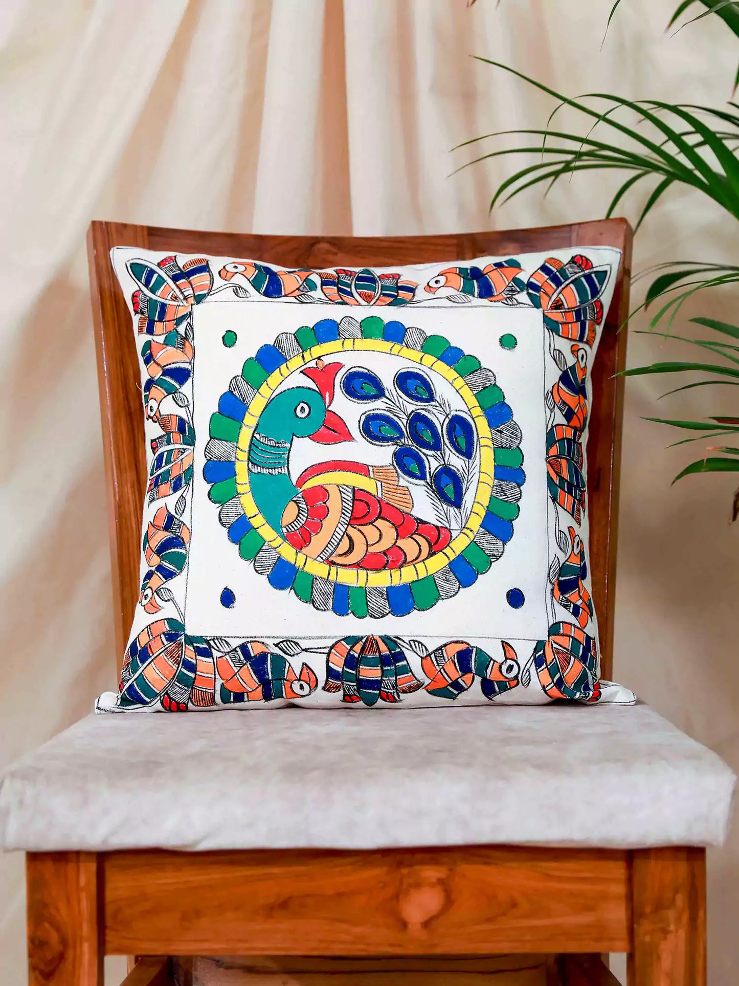 Madhubani Handmade Peacock Art Cushion Covers Pack Of 5