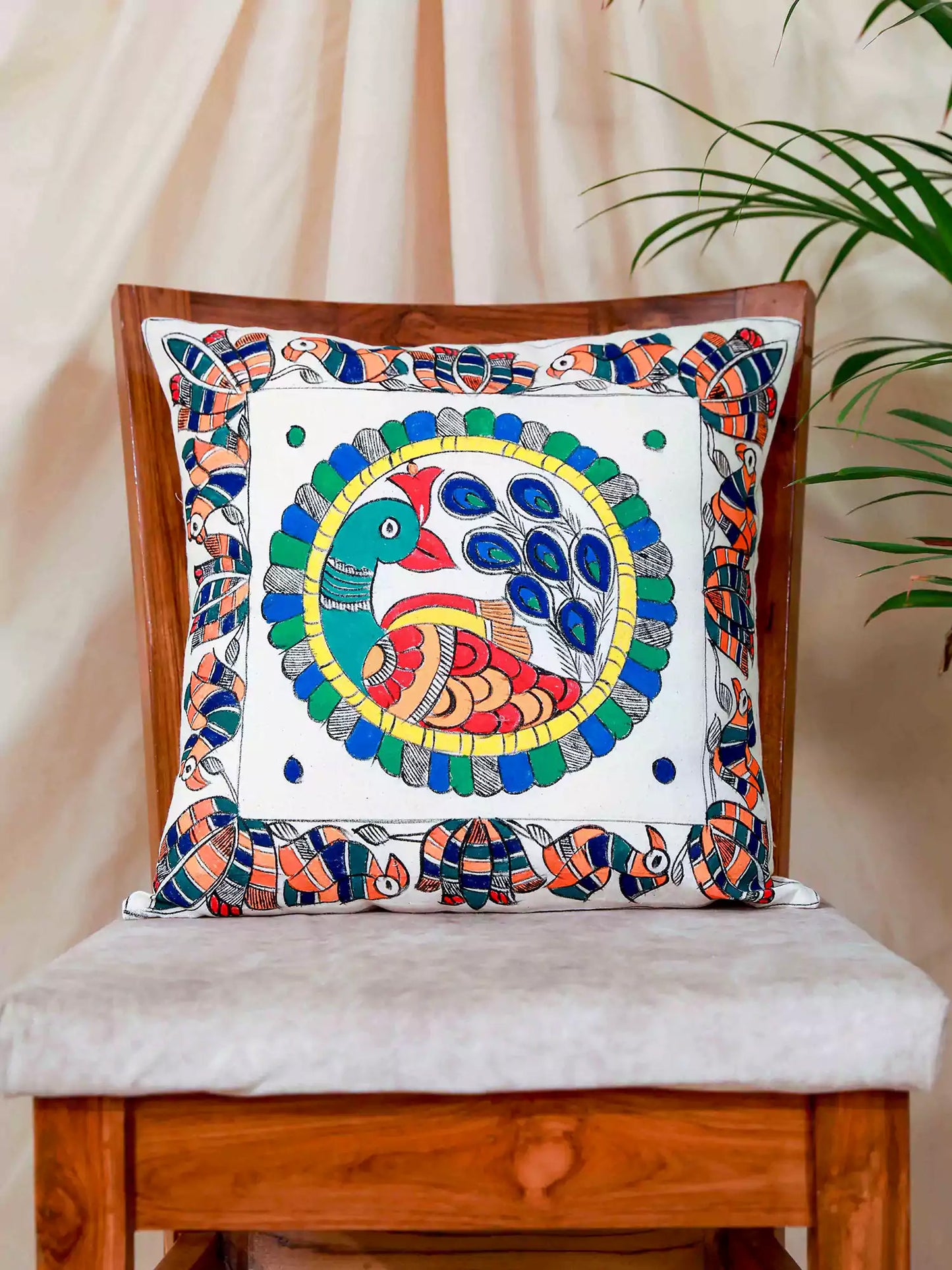 Handpainted Madhubani Peacock Art Cushion Covers Pack Of 2