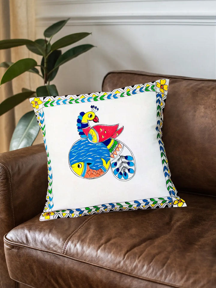 Beautiful Peacock & Fish Madhubani Art Cushion Covers
