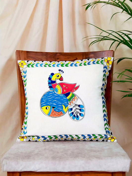 Beautiful Peacock & Fish Madhubani Art Cushion Covers