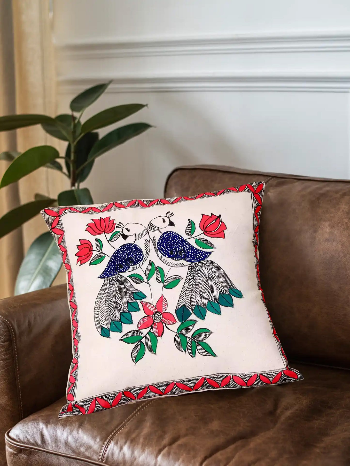 16x 16 Beautiful Peacock In Madhubani Art Cushion Covers