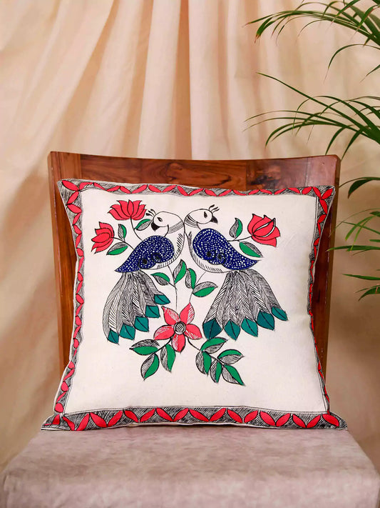 16x 16 Beautiful Peacock In Madhubani Art Cushion Covers