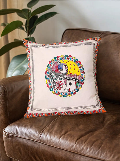 Hand Painted Self Design Fish Motif Madhubani Cushion Cover