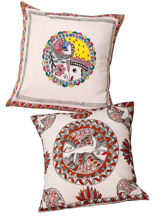 Madhubani Hand Painted Fish Motive Cushion Cover Pack Of 2