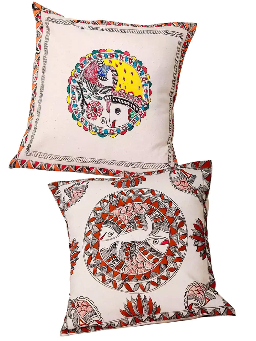 Madhubani Hand Painted Fish Motive Cushion Cover Pack Of 3
