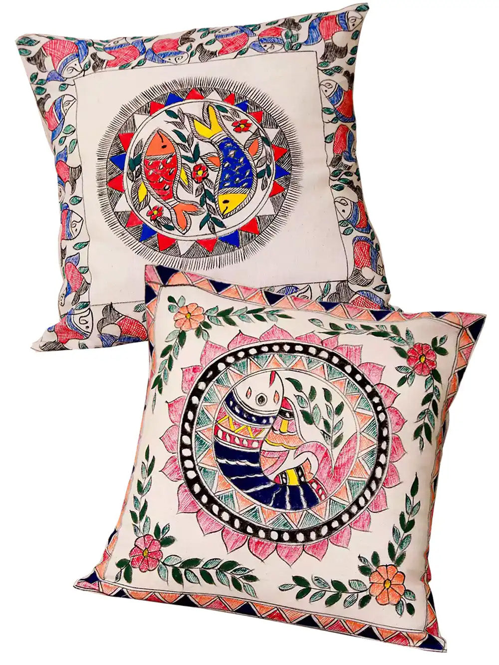 Madhubani Hand Painted Fish Motive Cushion Cover Pack Of 5