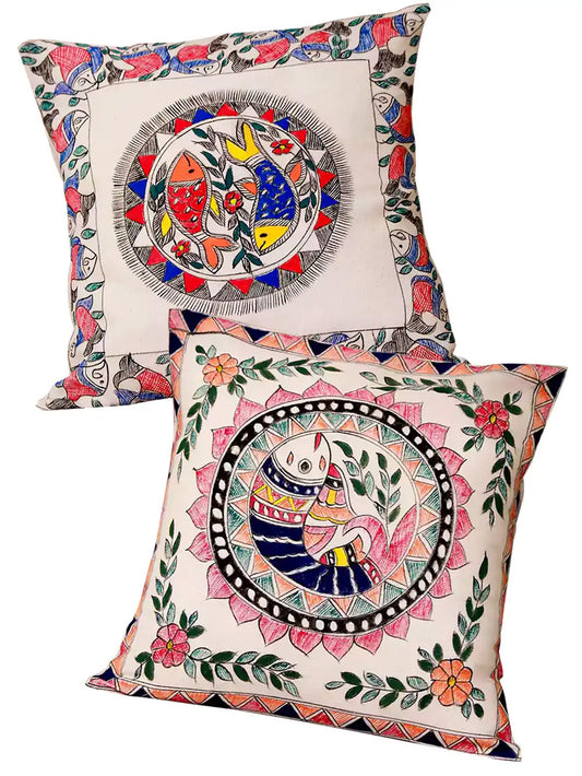 16x16 Madhubani Hand Painted Fish Motive Cushion Cover Pack Of 2