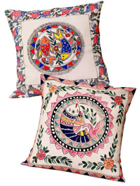 Thumbnail for 16x16 Madhubani Hand Painted Fish Motive Cushion Cover Pack Of 2