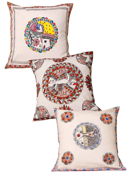 Madhubani Hand Painted Fish Motive Cushion Cover Pack Of 5