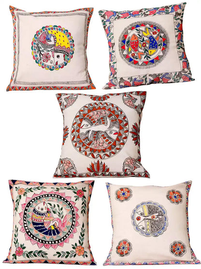 Madhubani Hand Painted Fish Motive Cushion Cover Pack Of 5