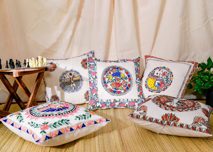 Madhubani Hand Painted Fish Motive Cushion Cover Pack Of 5