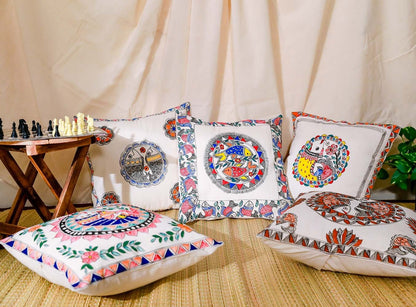 Madhubani Hand Painted Fish Motive Cushion Cover Pack Of 5