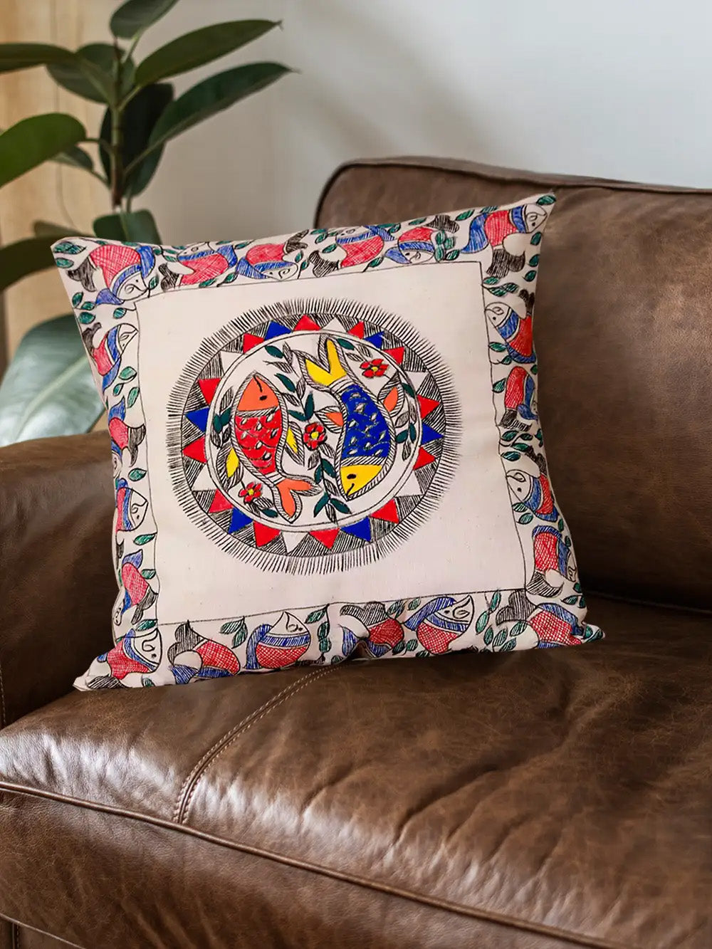 16x16 Madhubani Hand Painted Fish Motive Cushion Cover Pack Of 2