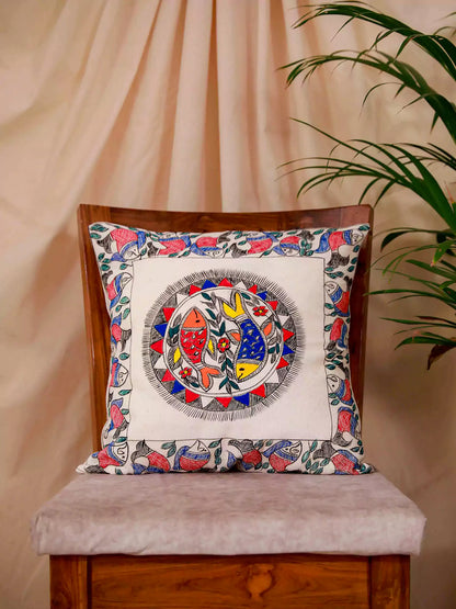 Hand Painted Fish Motif Madhubani Cushion Cover