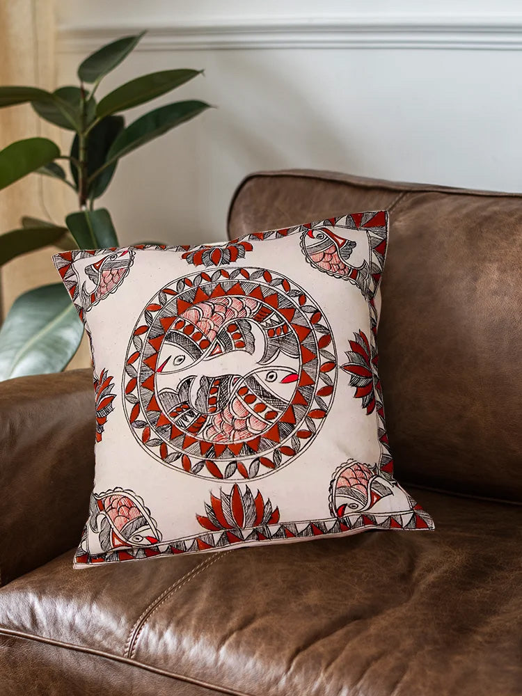 Hand Painted Fish And Lotus Madhubani Art Cushion Cover