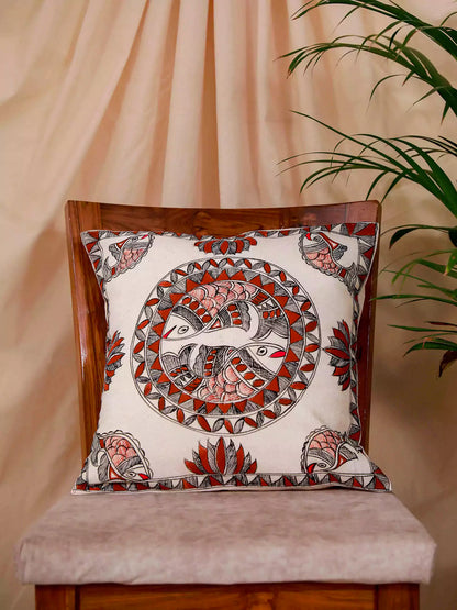 Hand Painted Fish And Lotus Madhubani Art Cushion Cover