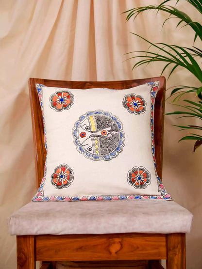 Beautiful Fish Madhubani Self Design Cushion Cover