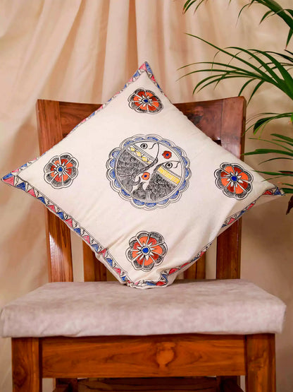 Beautiful Fish Madhubani Self Design Cushion Cover